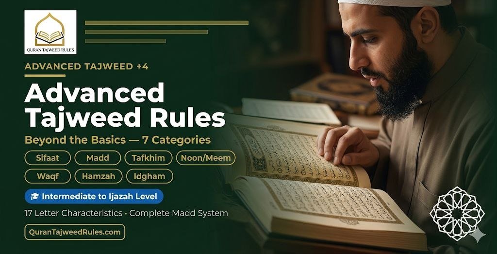 The advanced Tajweed rules go beyond the essential beginner curriculum to address the complete science of Arabic letter characteristics, the full system of Madd types, the nuanced science of heavy and light letters, and the rules that govern letter interactions at the highest level of recitation precision. These are the rules that distinguish a solid reciter from an exceptional one.